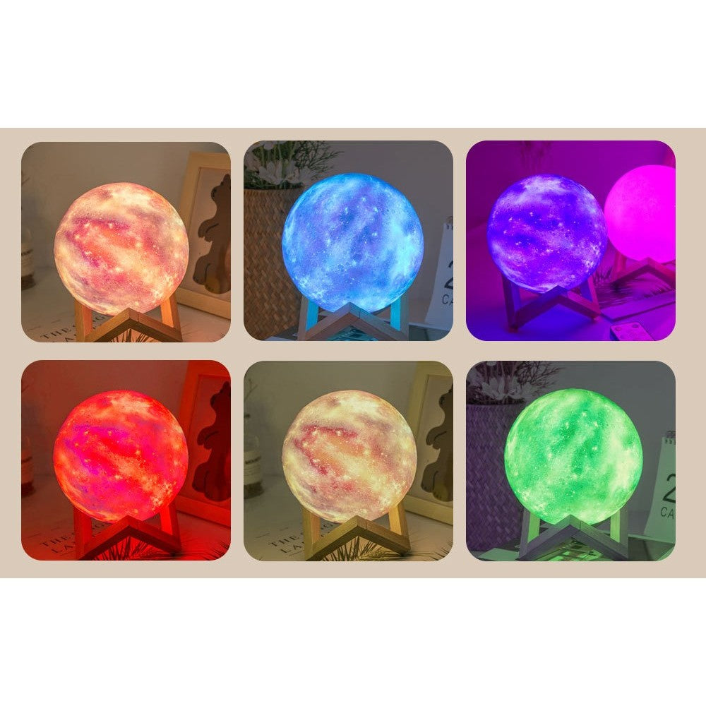 Lampa de veghe in forma de luna cu stele 3D Moon Light 7 culori, alimentare baterii, stand din lemn inclus, 15 cm,