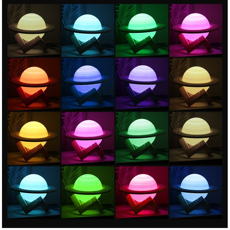 Lampa de veghe cu telecomanda in forma de Saturn 3D Saturn Light 16 culori, alimentare baterii, stand lemn inclus, 15