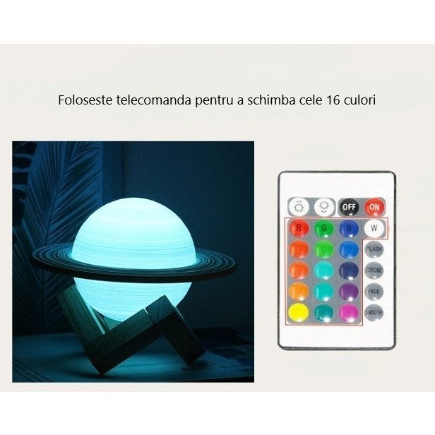 Lampa de veghe cu telecomanda in forma de Saturn 3D Saturn Light 16 culori, alimentare baterii, stand lemn inclus, 15