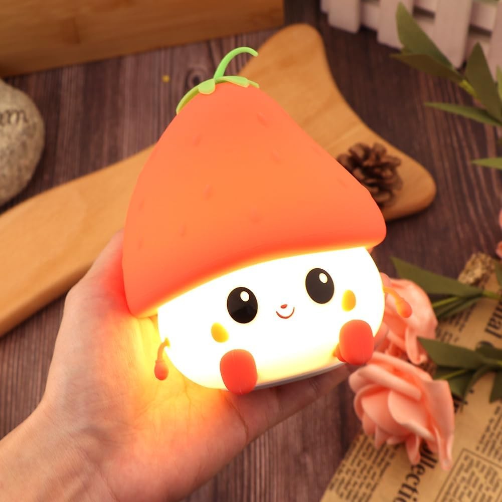 Lampa de Veghe pentru Copii, Flippy, din Silicon, Senzor Tactil, Model Capsunica, Lumina Calda, Protectie pentru Ochi,