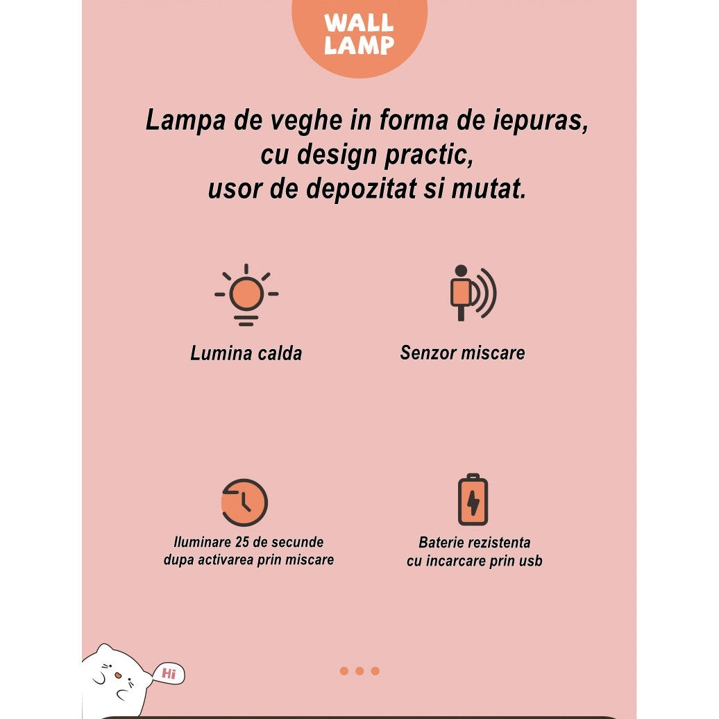 Lampa de veghe portabila cu 2 moduri de functionare Flippy, silicon non-toxic, reincarcabila USB, senzor miscare, roz,