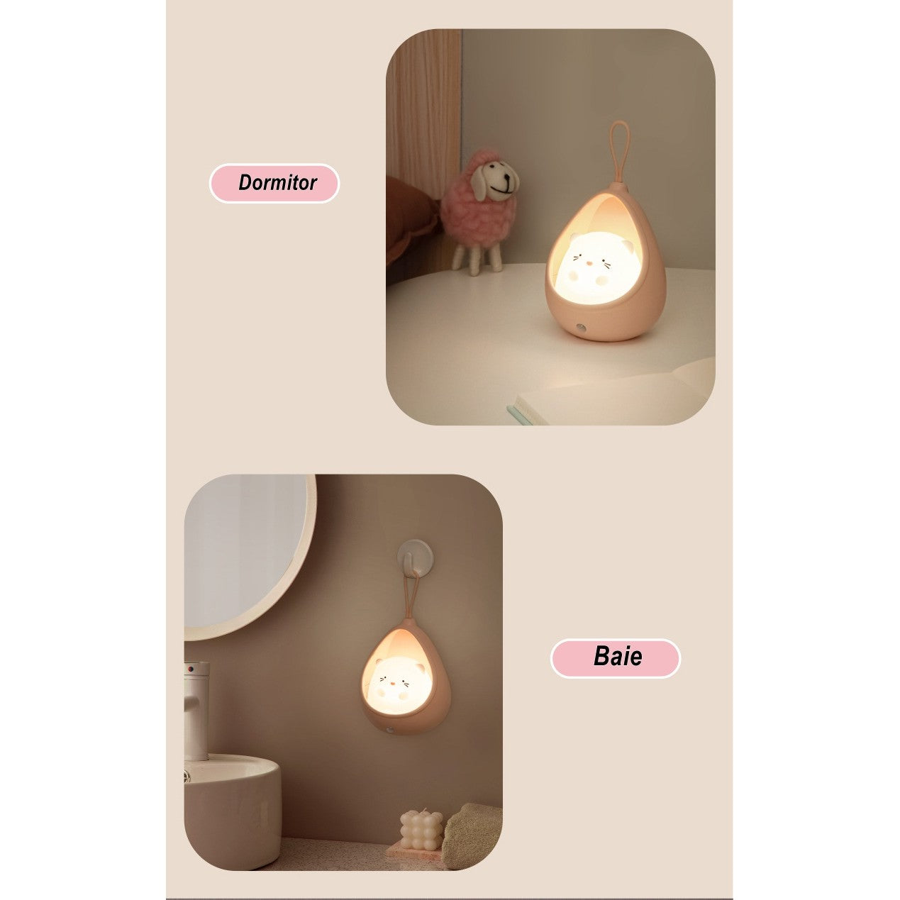 Lampa de veghe portabila cu 2 moduri de functionare Flippy, silicon non-toxic, reincarcabila USB, senzor miscare, roz,