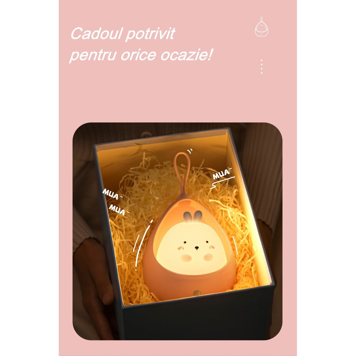 Lampa de veghe portabila cu 2 moduri de functionare Flippy, silicon non-toxic, reincarcabila USB, senzor miscare, roz,