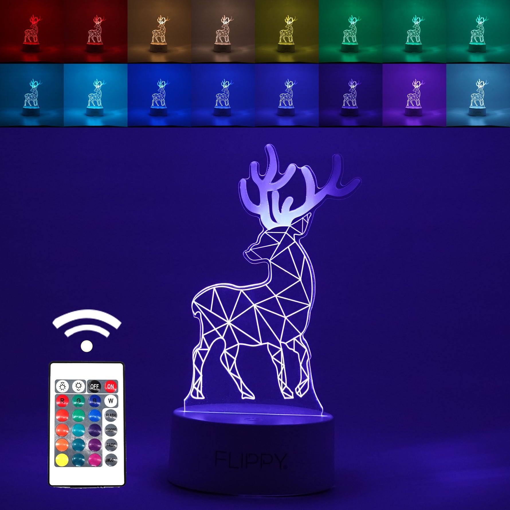 Lampa LED decorativa, Flippy, 3D, Cerb, cu telecomanda, doua moduri de alimentare USB si baterii, 20 cm inaltime, din