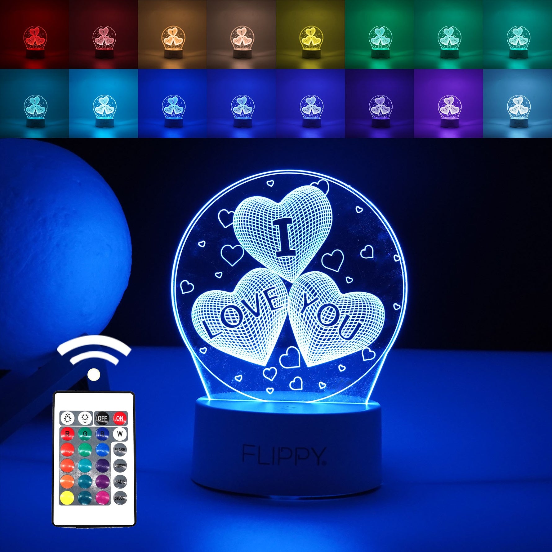 Lampa LED decorativa, Flippy, 3D, cu text "I love you", doua moduri de alimentare USB si baterii, 20 cm inaltime, din