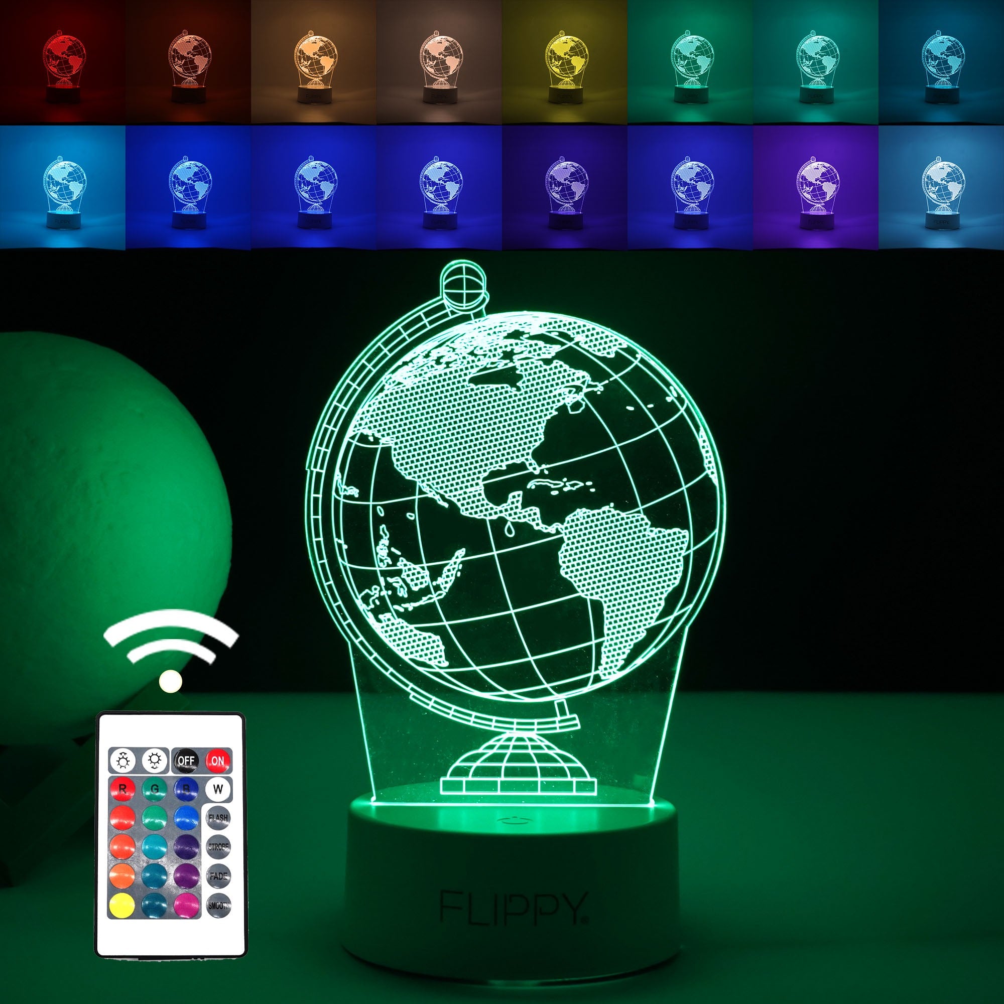 Lampa LED decorativa, Flippy, 3D, Globul Pamantesc, doua moduri de alimentare USB si baterii, 20 cm inaltime, din
