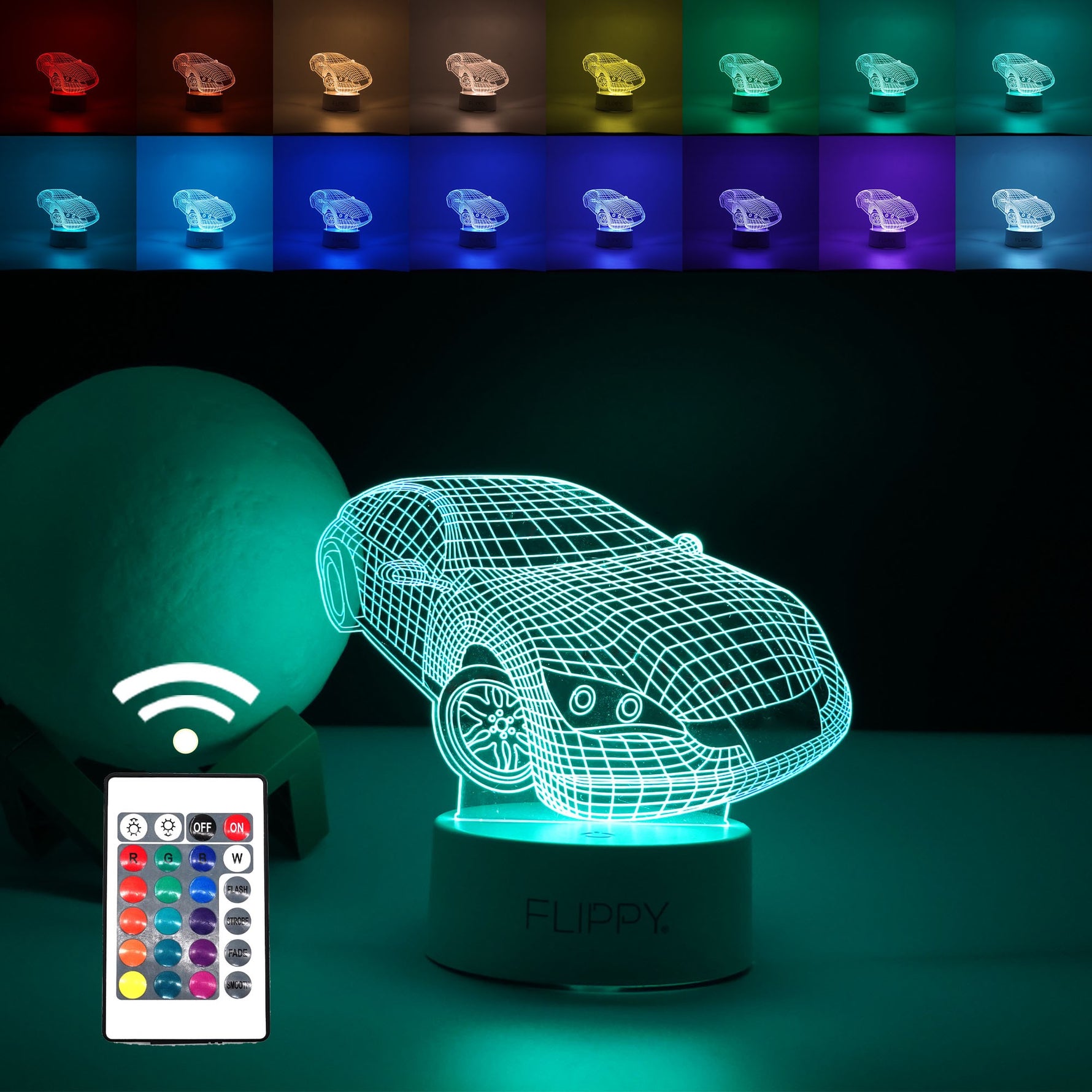 Lampa LED decorativa, Flippy, 3D, Masina Sport, doua moduri de alimentare USB si baterii, 20 cm inaltime, din material