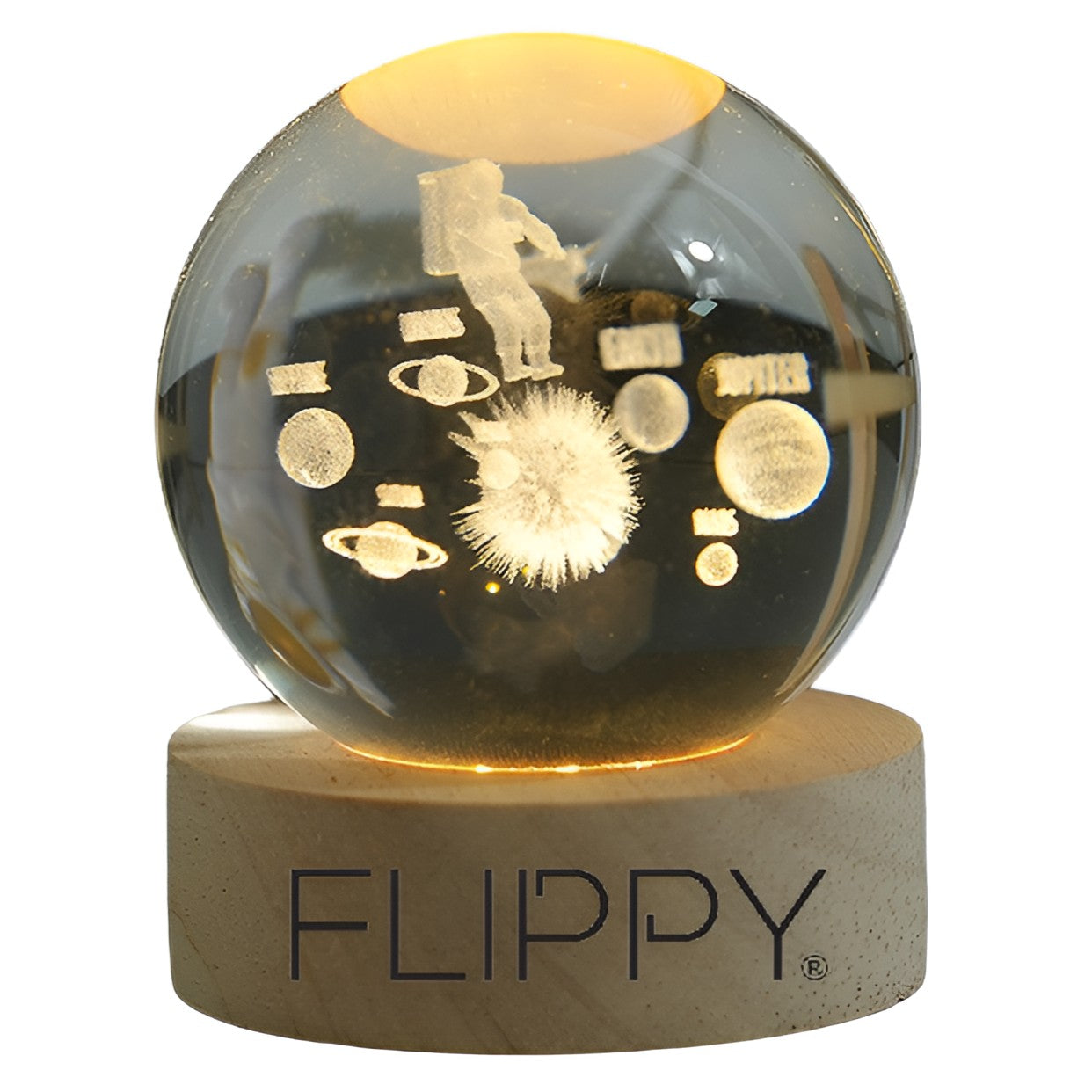 Lampa LED Decorativa, Flippy, cu Bila de Cristal cu Diametru 6cm, Model Astronaut in Galaxie 3D, Alimentare USB, Suport