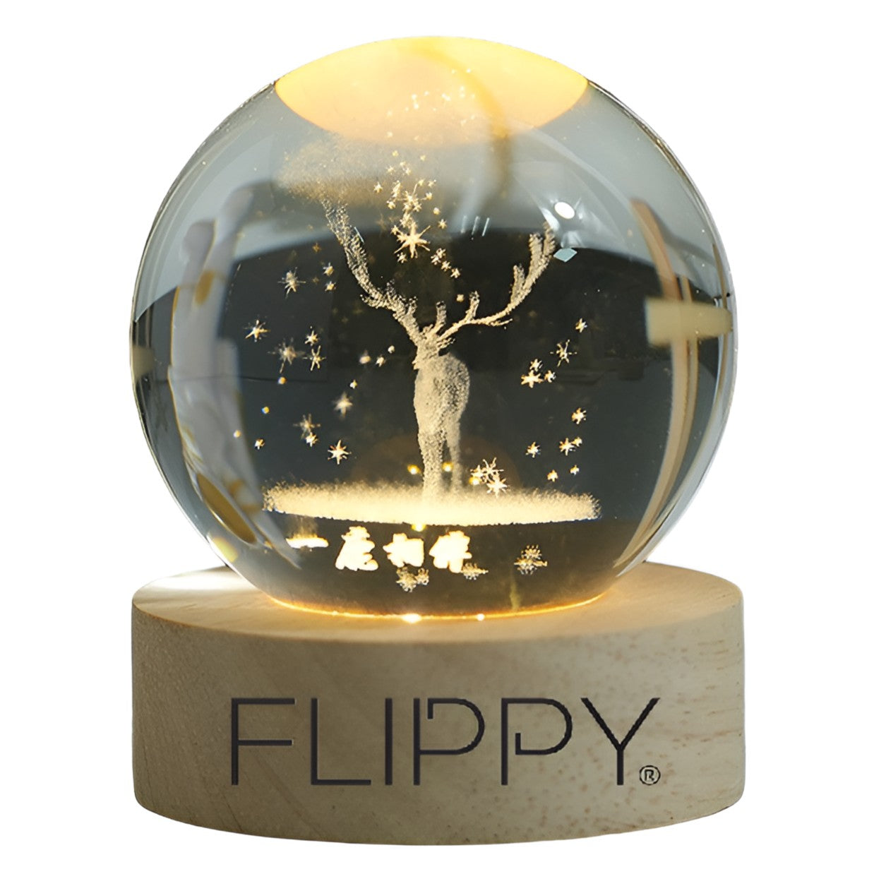 Lampa LED Decorativa, Flippy, cu Bila de Cristal cu Diametru 6cm, Model Cerb 3D, Alimentare USB, Suport din Lemn,