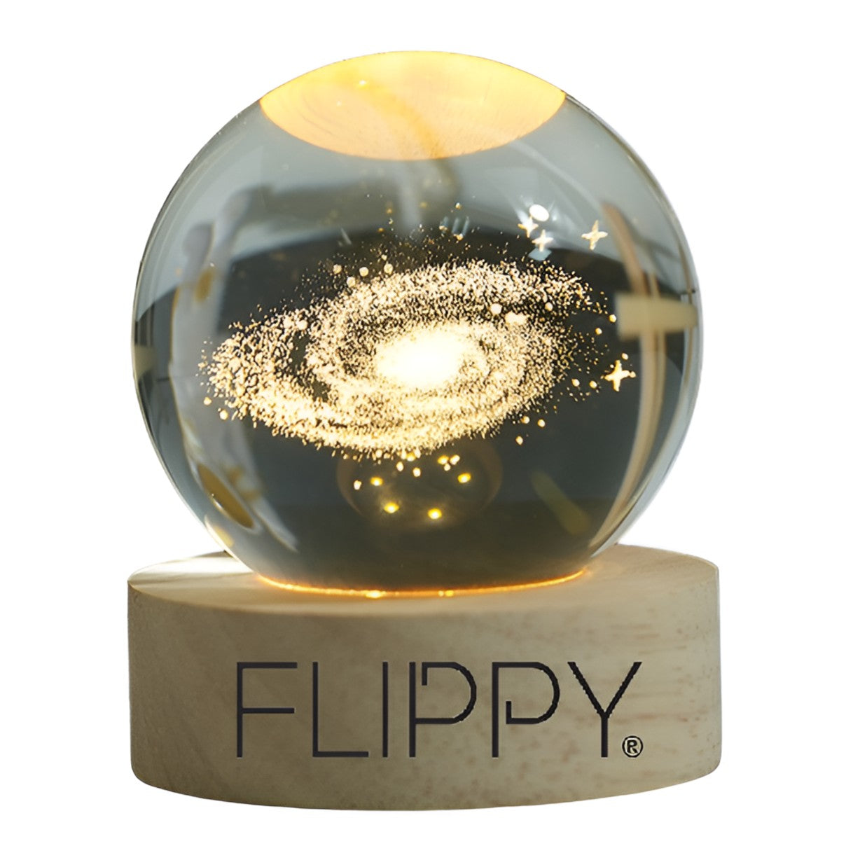 Lampa LED Decorativa, Flippy, cu Bila de Cristal cu Diametru 6cm, Model Galaxie 3D, Alimentare USB, Suport din Lemn,