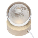 Lampa LED Decorativa, Flippy, cu Bila de Cristal cu Diametru 6cm, Model Luna 3D, Alimentare USB, Suport din Lemn,