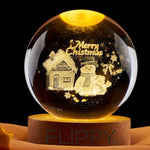 Lampa LED Decorativa, Flippy, cu Bila de Cristal cu Diametru 6cm, Model Merry Christmas 3D, Alimentare USB, Suport din