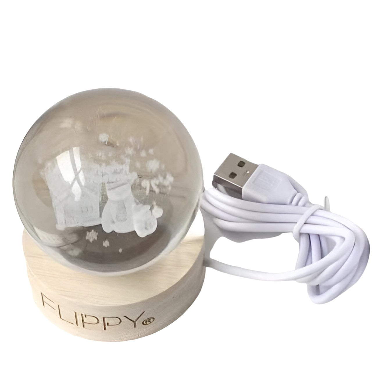 Lampa LED Decorativa, Flippy, cu Bila de Cristal cu Diametru 6cm, Model Merry Christmas 3D, Alimentare USB, Suport din