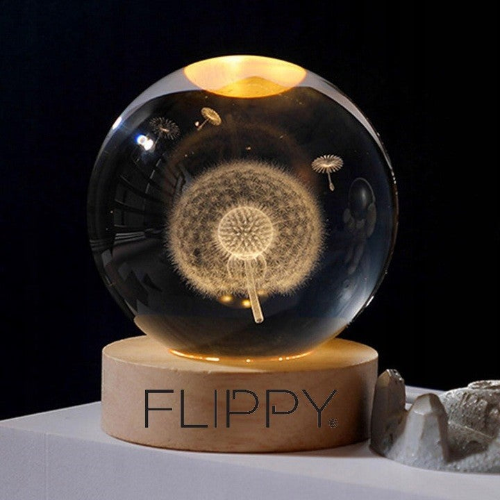 Lampa LED Decorativa, Flippy, cu Bila de Cristal cu Diametru 6cm, Model Papadie 3D, Alimentare USB, Suport din Lemn,