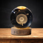 Lampa LED Decorativa, Flippy, cu Bila de Cristal cu Diametru 6cm, Model Papadie 3D, Alimentare USB, Suport din Lemn,