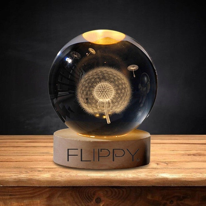 Lampa LED Decorativa, Flippy, cu Bila de Cristal cu Diametru 6cm, Model Papadie 3D, Alimentare USB, Suport din Lemn,