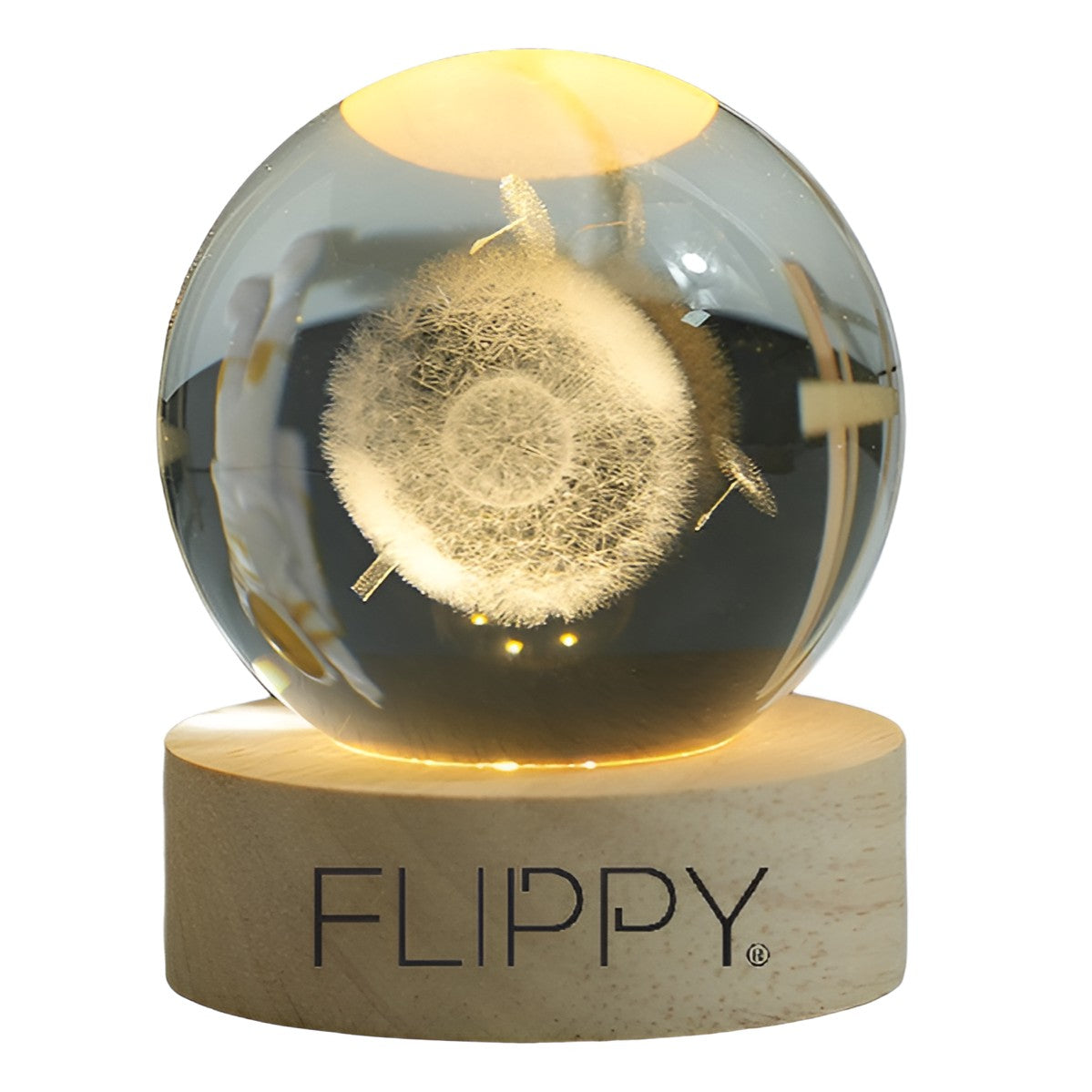 Lampa LED Decorativa, Flippy, cu Bila de Cristal cu Diametru 6cm, Model Papadie 3D, Alimentare USB, Suport din Lemn,