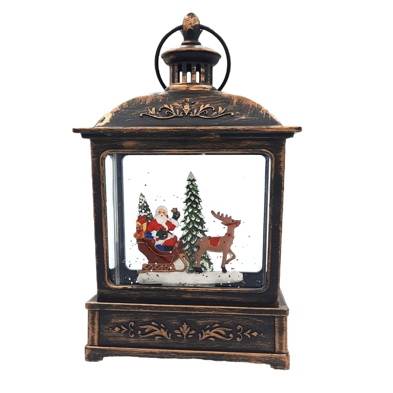 Decoratiune Craciun, Tip Felinar, Figurine Mos Craciun cu Sania, 3 Moduri, Functie Muzicala, Zapada in Miscare,