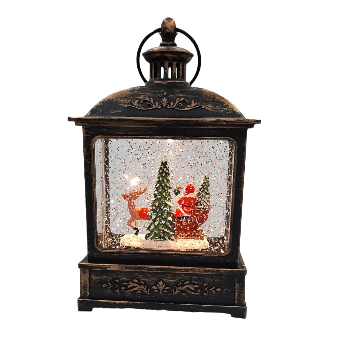 Decoratiune Craciun, Tip Felinar, Figurine Mos Craciun cu Sania, 3 Moduri, Functie Muzicala, Zapada in Miscare,