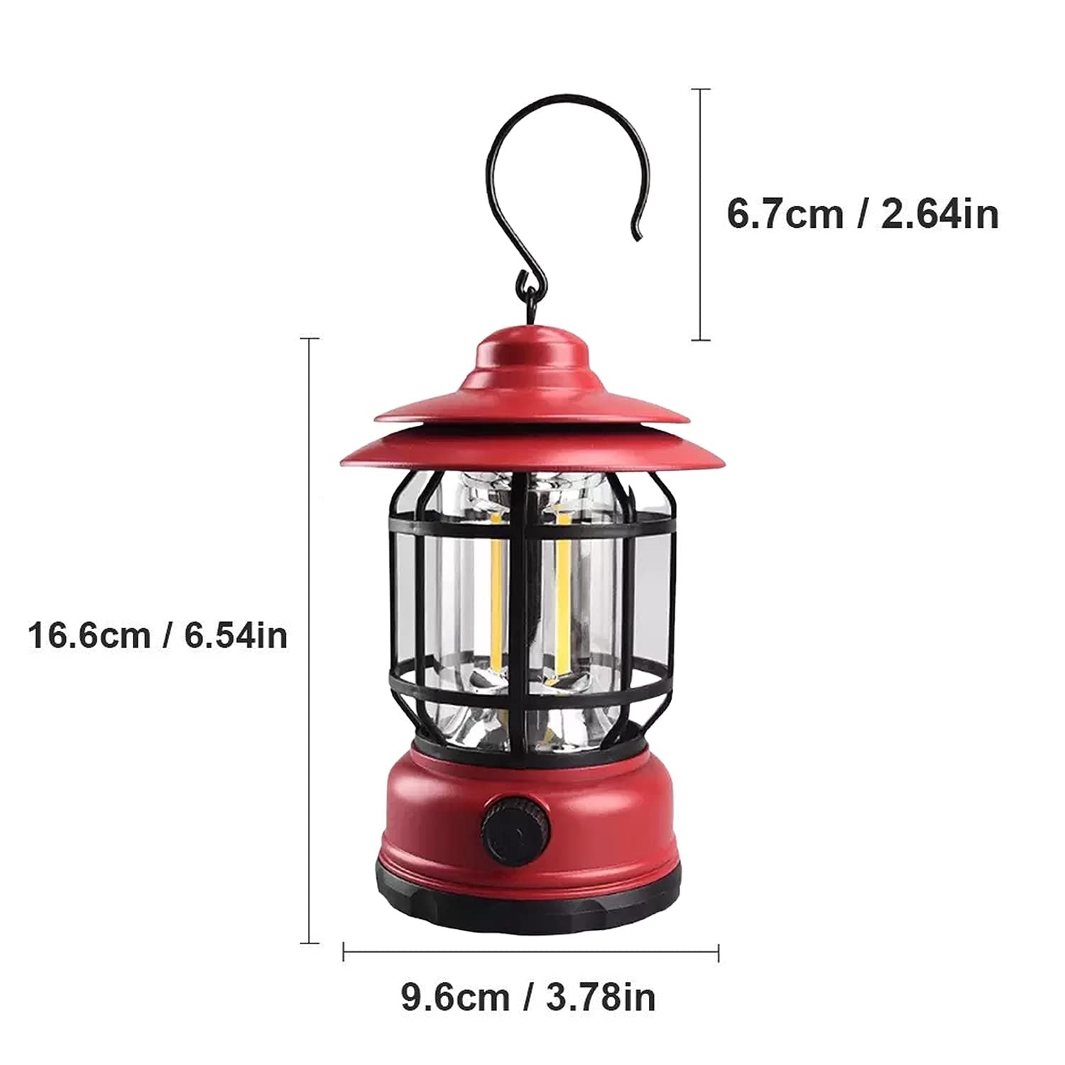 Portable camping light, vintage lantern with hook, ABS, 21 COB LED lighting, adjustable intensity, 5W, reversible, red