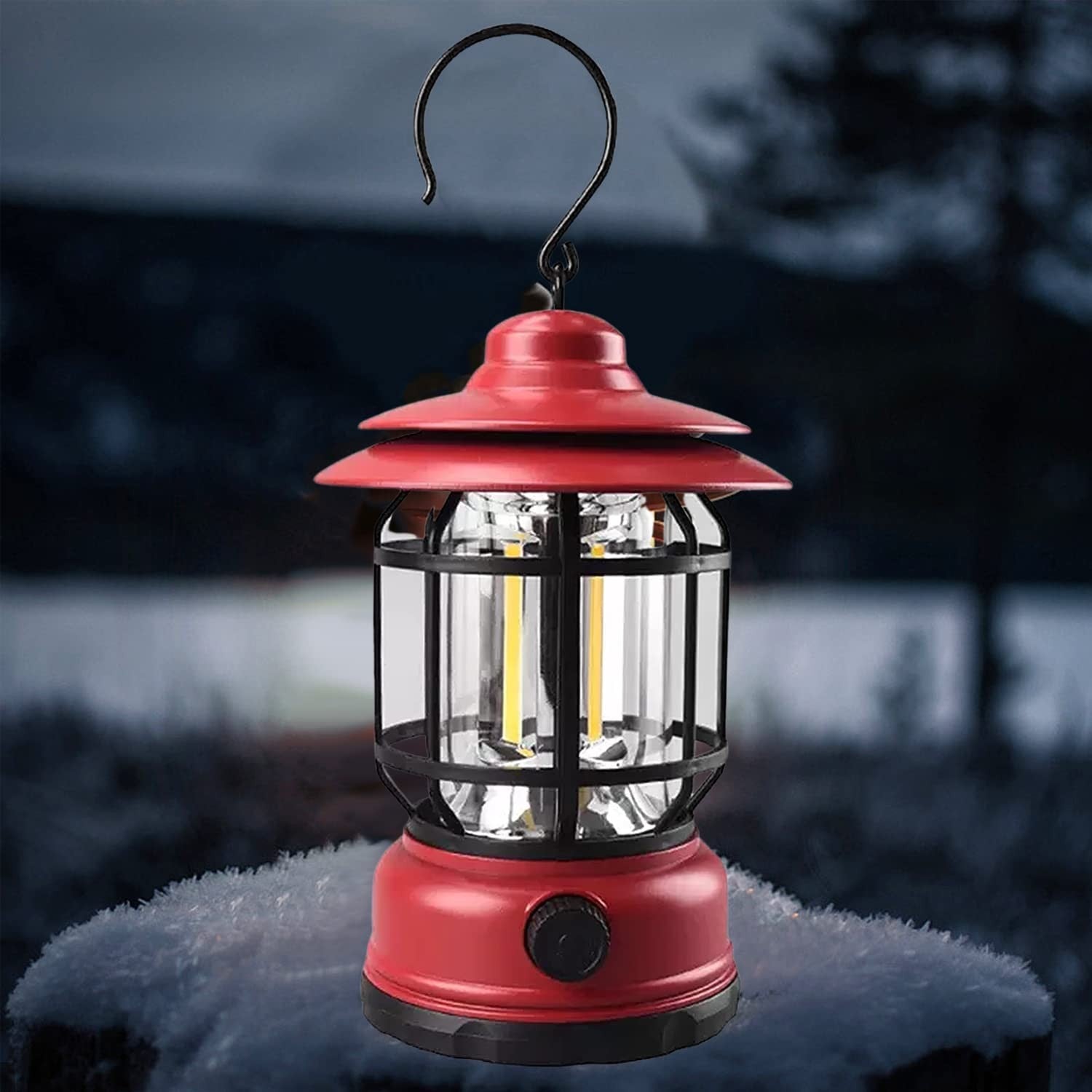 Portable camping light, vintage lantern with hook, ABS, 21 COB LED lighting, adjustable intensity, 5W, reversible, red