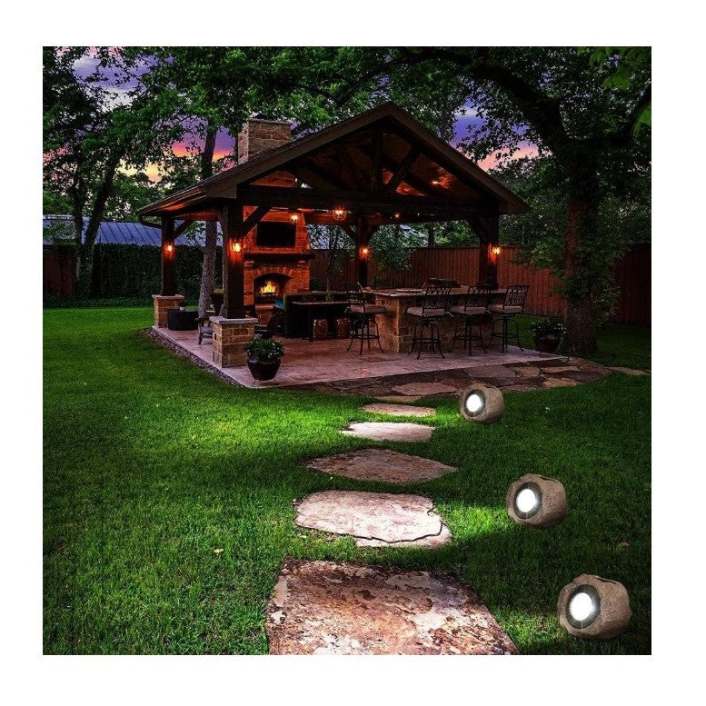 Lampa solara LED decorativa pentru gradina Flippy, imitatie piatra, lumina puternica 4 LED-uri, 12 x 15 cm, material