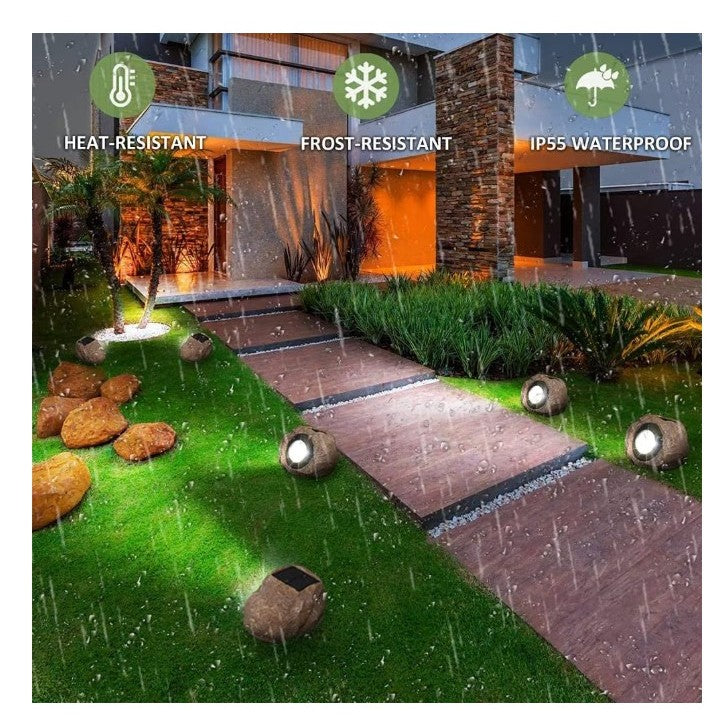 Lampa solara LED decorativa pentru gradina Flippy, imitatie piatra, lumina puternica 4 LED-uri, 12 x 15 cm, material
