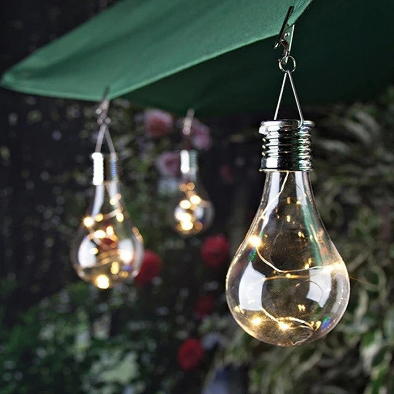 Lampa Solara LED Decorativa sub forma de Bulb, pentru exterior, suspendata, IP65, Ultron Transparent, lumina calda,