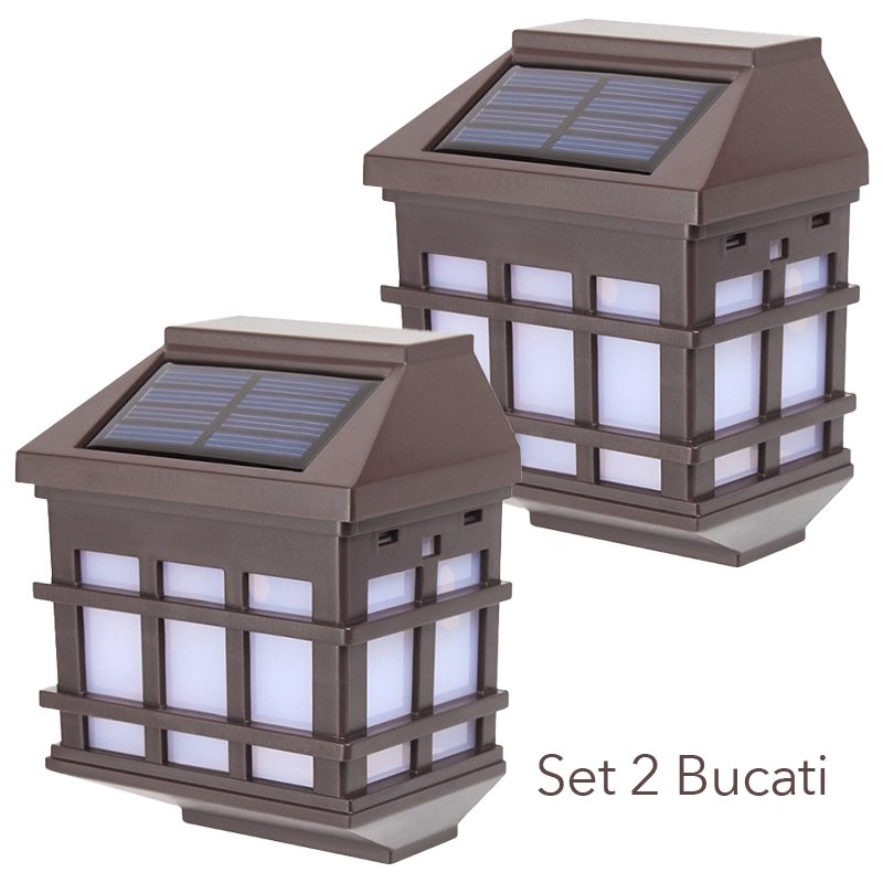 Lampa solara LED tip Felinar pentru perete, Flippy, Set 2 Bucati, 11.5 x 8.3cm, 1.2V, ABS, 400mAh, Lumina Alb Rece, Maro