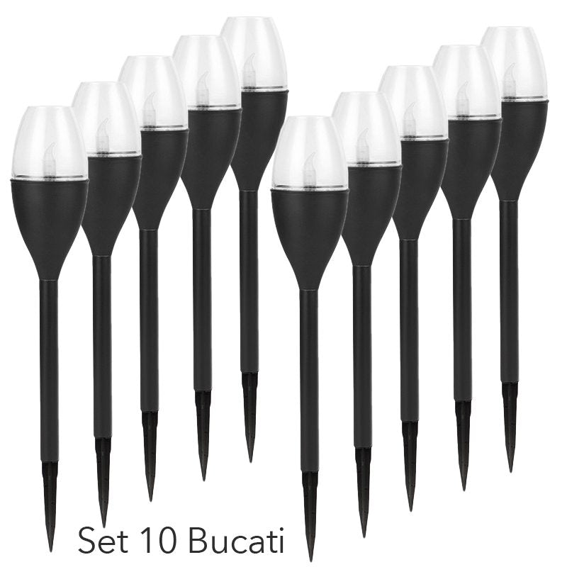 Lampa solara LED pentru gradina, Flippy, Set 10 Bucati, Tip Pahar de Vin, Inaltime 37.5 cm, efect de flacara, PVC si