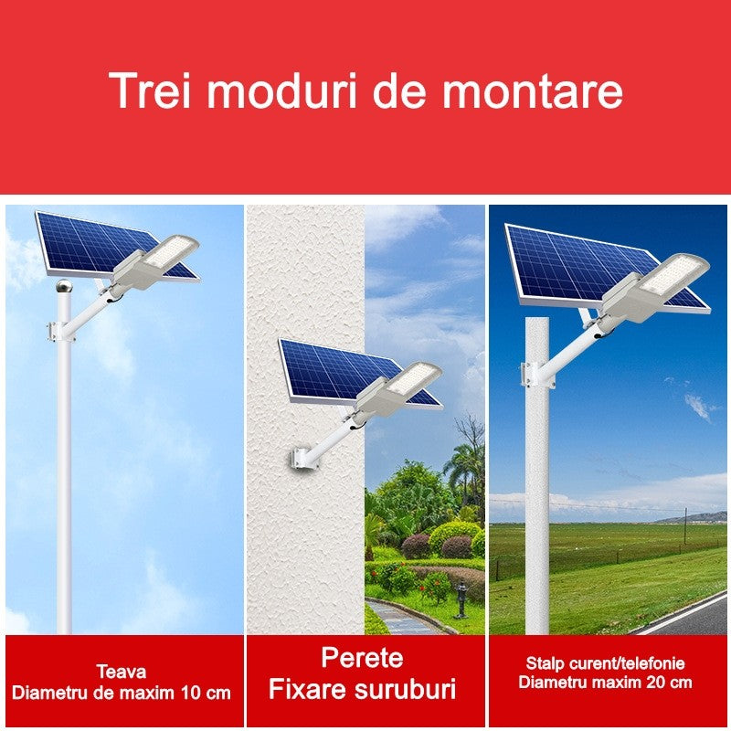 Lampa solara pentru strada sau gradina Flippy, IP65, senzor de lumina, 100 LED-uri SMD, 3150 lm, 500W autonomie 12-16