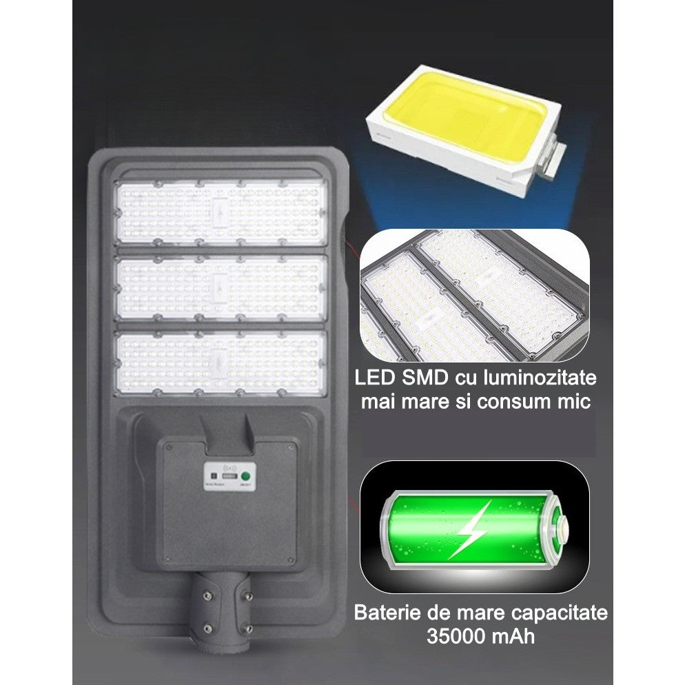Lampa solara stradala Flippy, IP65, senzor de lumina, 306 LED-uri SMD, 3000 lm, panou 40W, putere 300W, autonomie 12-16
