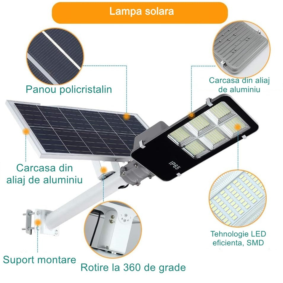 Lampa solara stradala Flippy, IP65, senzor de lumina, 417 LED-uri SMD, 24000 lm, 300W, autonomie 12-16 ore,