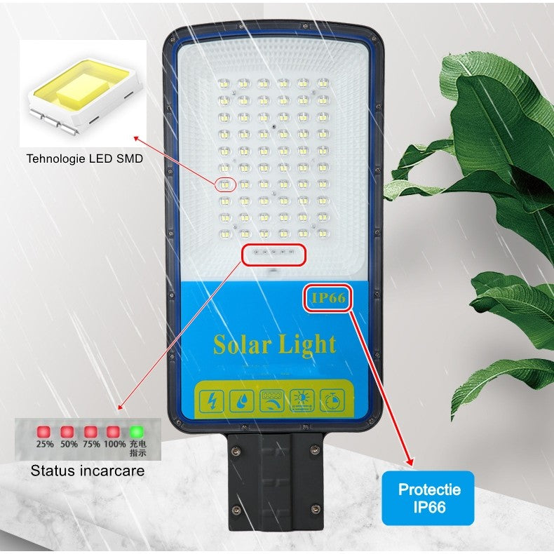 Lampa solara stradala Flippy, IP66, senzor de lumina, 120 LED-uri SMD, 1800 lm, panou 20W, putere 100W, autonomie 12-16