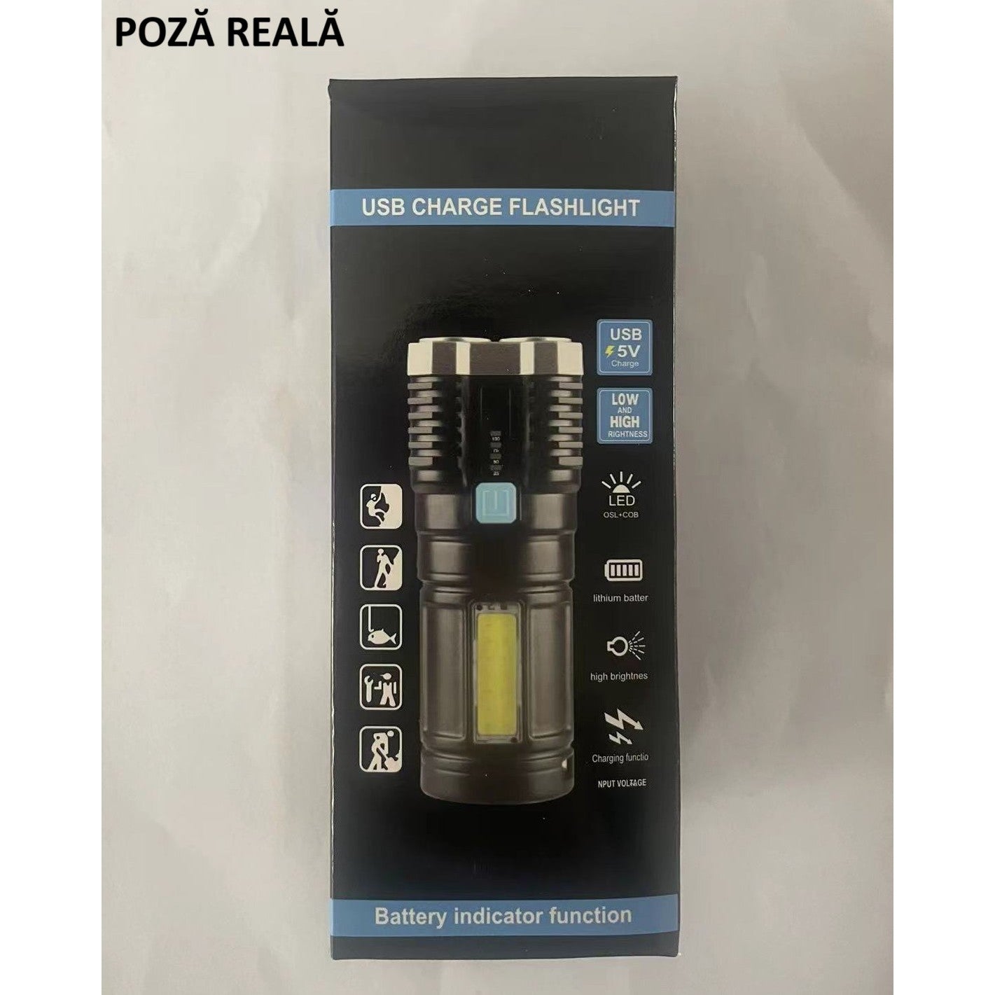 Lanterna LED Tactica 2 in 1, Flippy, 4 Moduri de Iluminare, Tip Proiector COB, Rezistenta la Apa, Reincarcabila, USB,