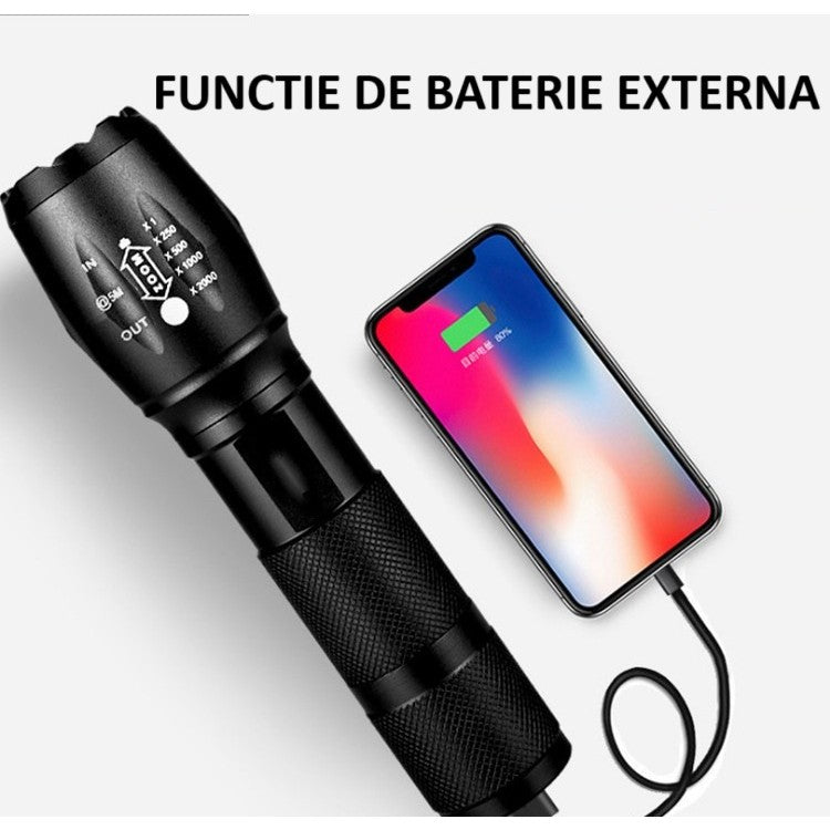 Lanterna Power Bank LED, Flippy, Incarcare USB, Raza 300m, 5W, Model T9 Telescopic 14.7 -15.7 cm, Functie Zoom si