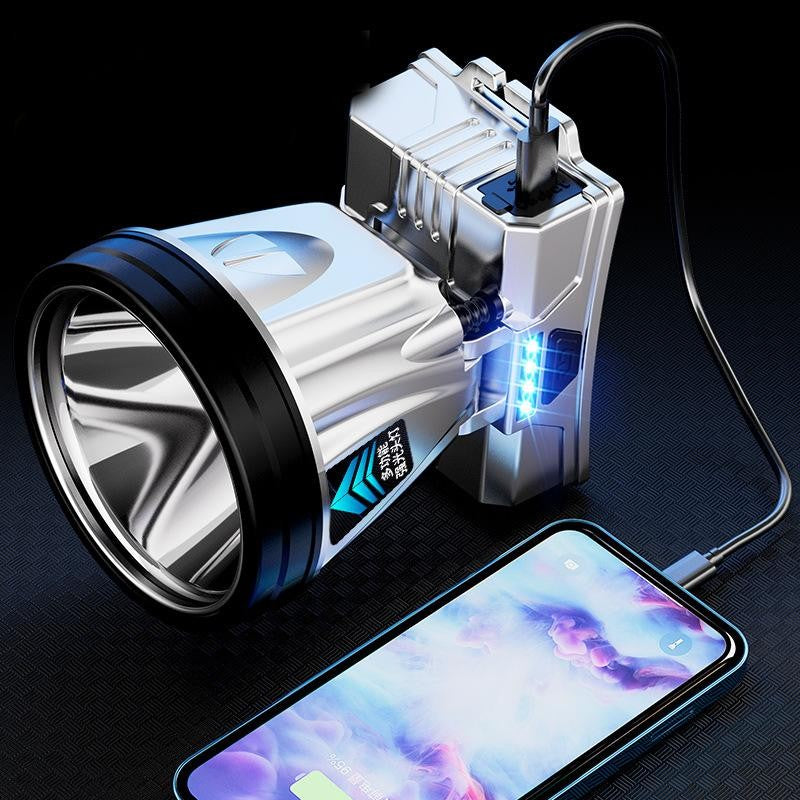 Lanterna Power Bank LED, Flippy, cu Suport pentru Cap, Incarcare USB, Raza 100-200m, 5W, 3 Trepte de Lumina, Afisaj