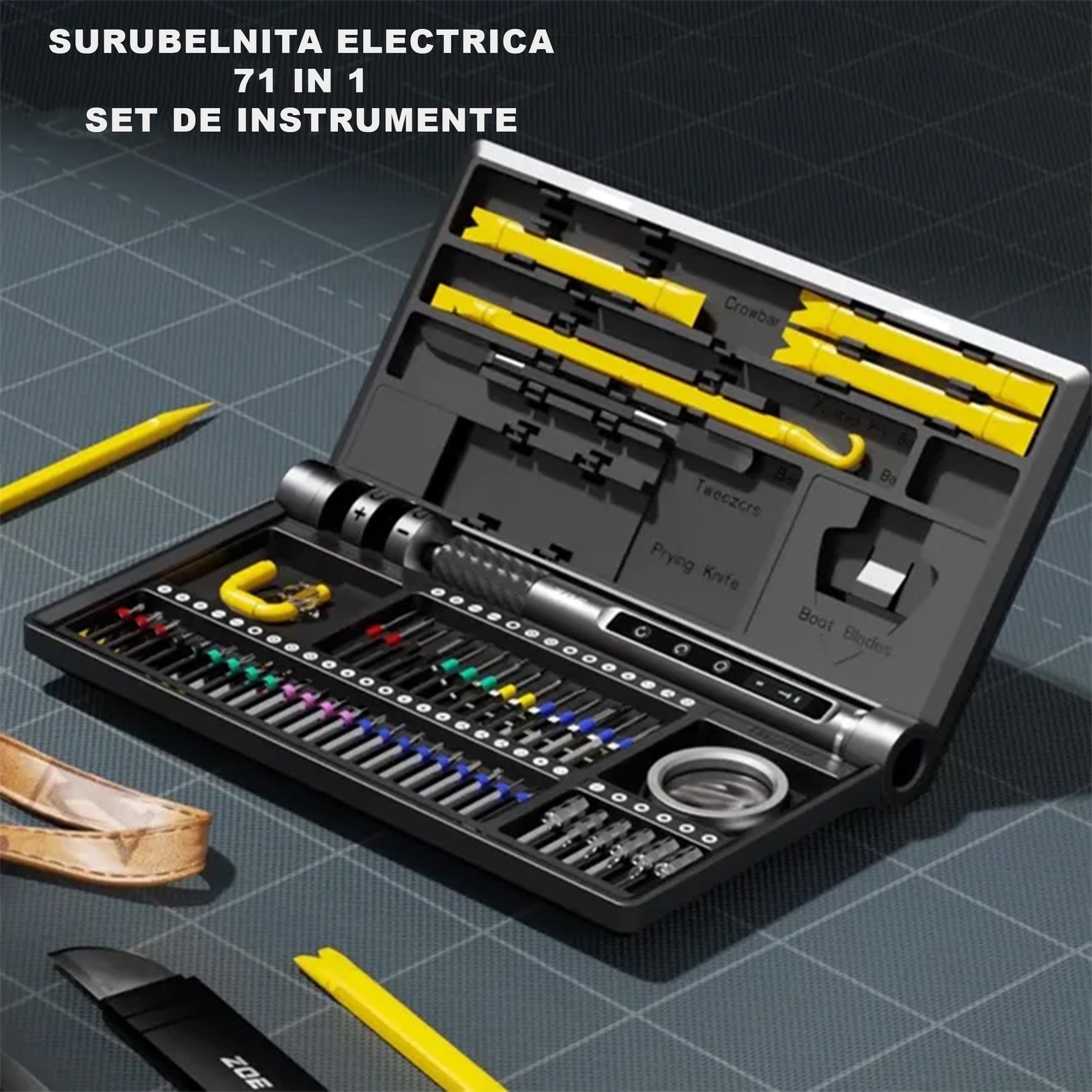 Surubelnita Profesionala Electrica, Flippy, Multifunctionala, Reancarcabila USB, Luminare LED, Kit 71 in 1, Set Complet
