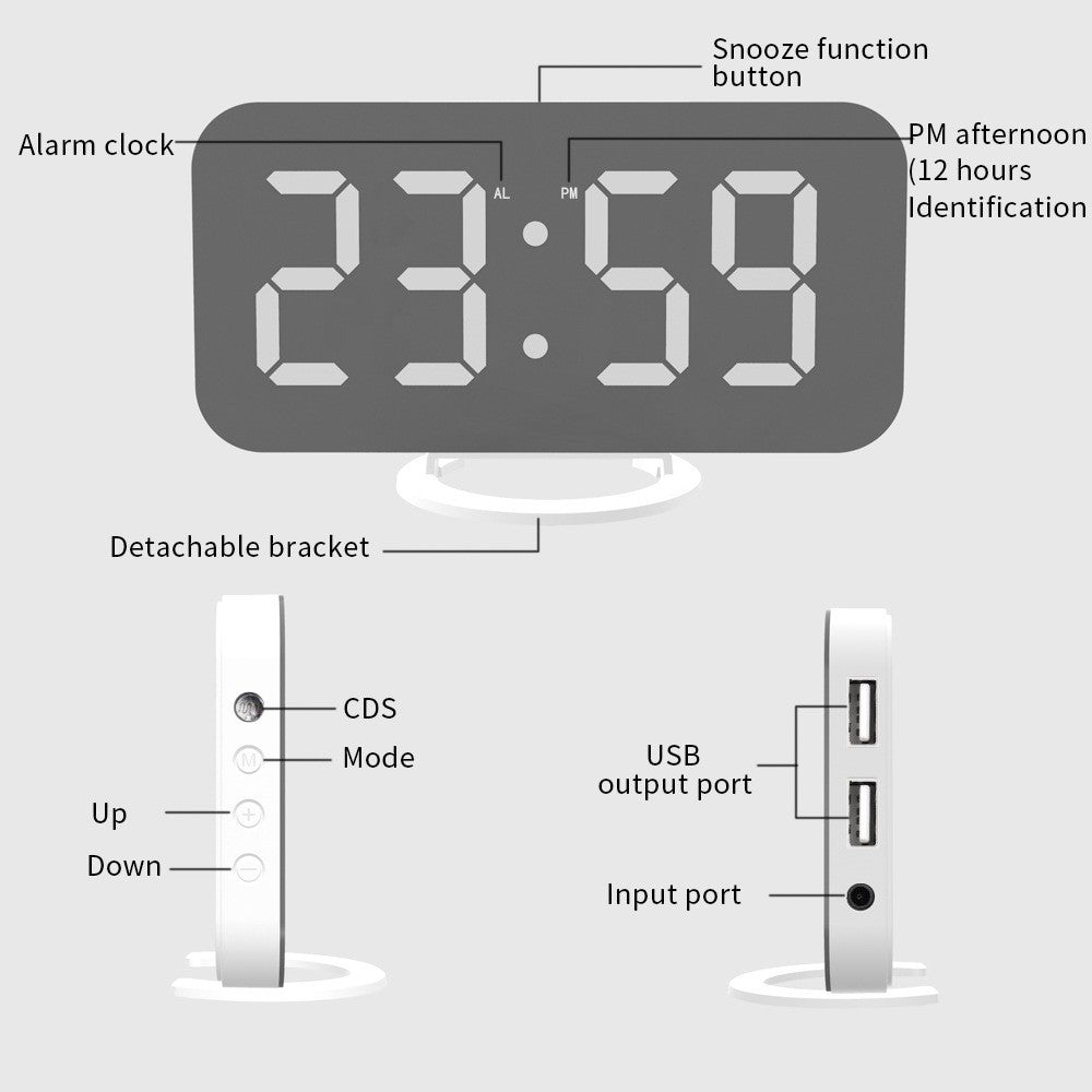 Ceas digital cu LED, Flippy, multifunctional, afisaj digital, alarma, 2 porturi USB de iesire, ecran tip oglinda,