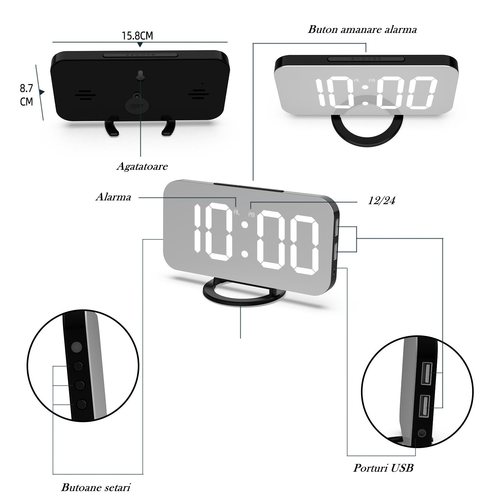Ceas digital cu LED, Flippy, multifunctional, afisaj digital, alarma, 2 porturi USB de iesire, ecran tip oglinda,