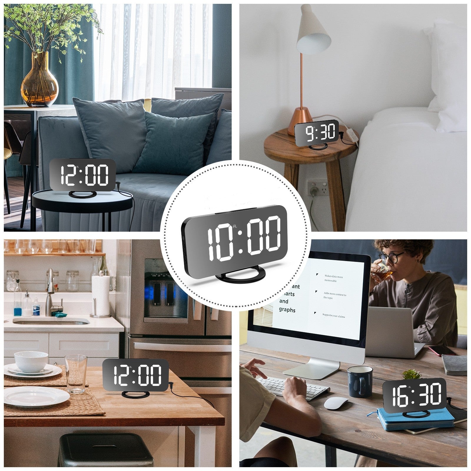Ceas digital cu LED, Flippy, multifunctional, afisaj digital, alarma, 2 porturi USB de iesire, ecran tip oglinda,