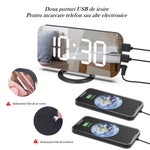 Ceas digital cu LED, Flippy, multifunctional, afisaj digital, alarma, 2 porturi USB de iesire, ecran tip oglinda,