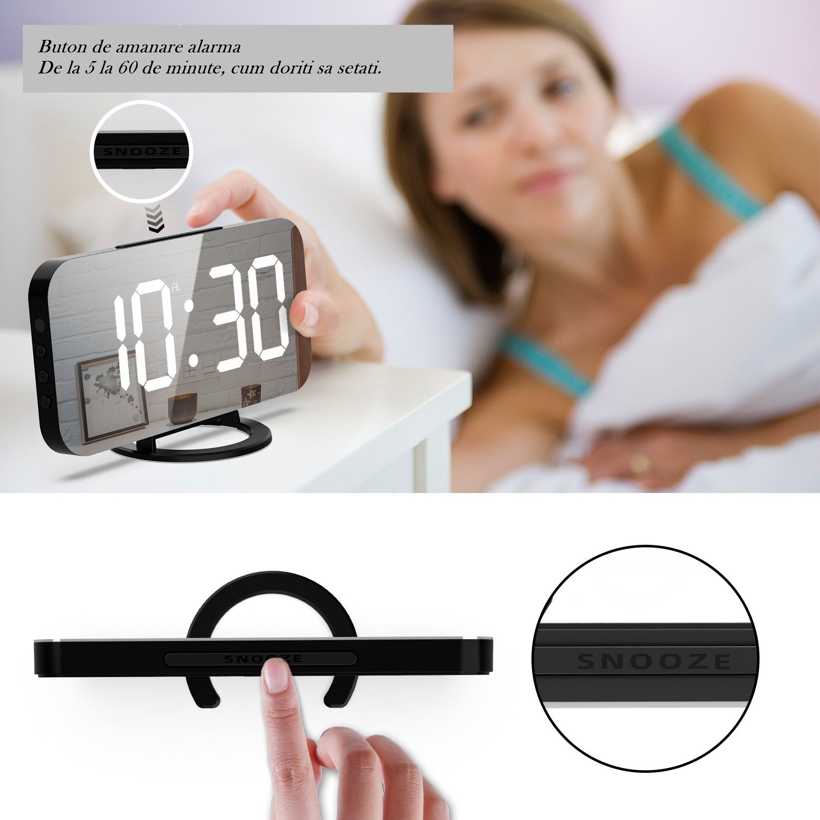 Ceas digital cu LED, Flippy, multifunctional, afisaj digital, alarma, 2 porturi USB de iesire, ecran tip oglinda,