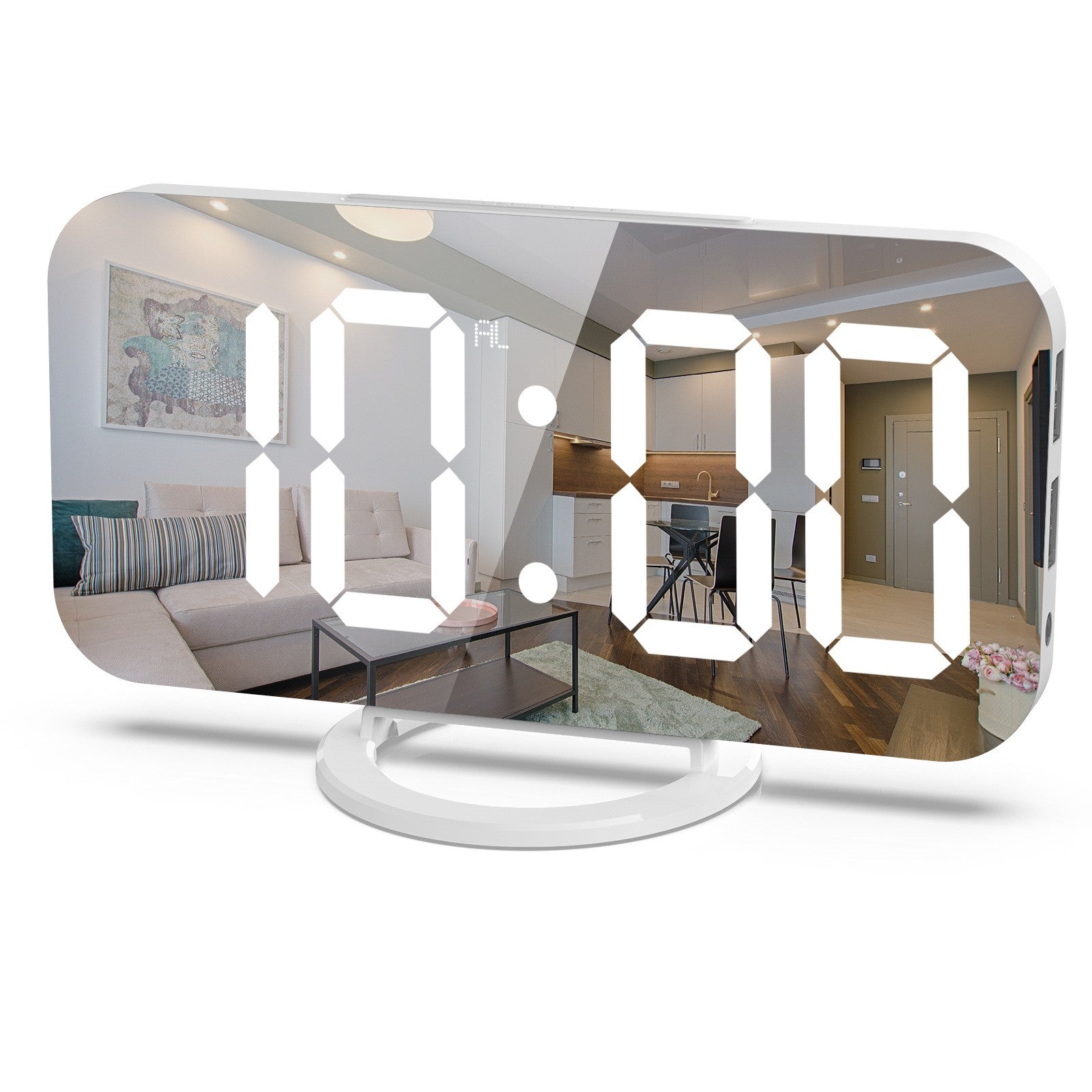 Ceas digital cu LED, Flippy, multifunctional, afisaj digital, alarma, 2 porturi USB de iesire, ecran tip oglinda,