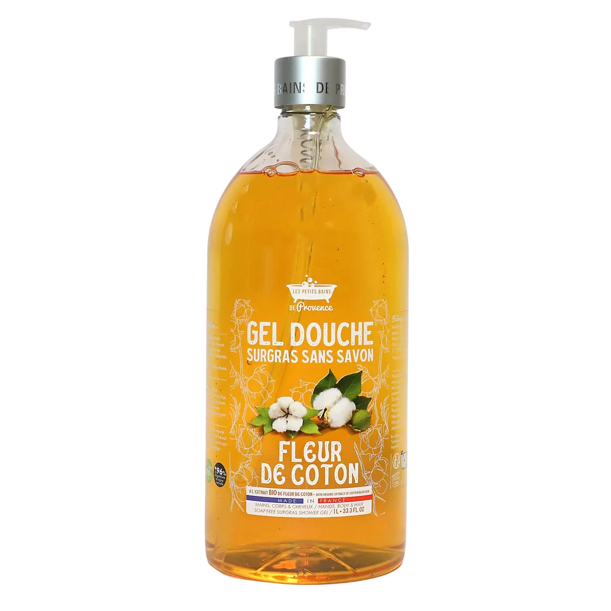 Les Petites Bains de Provence, Fleur de Coton, Gel de duș, Pentru piele sensibilă, 1000 ml