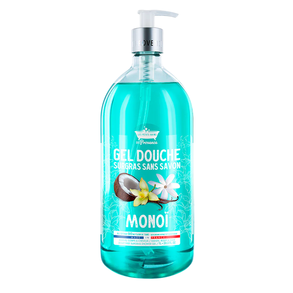 Les Petites Bains de Provence, Monoi, Gel de duș, Pentru corp, față și păr, Pentru piele sensibilă, 1000 ml