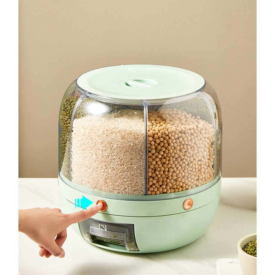 Dozator de cereale Flippy, rotativ 360, 6 compartimente, capacitate 6 L, rezistent la umezeala, inchidere etansa, verde