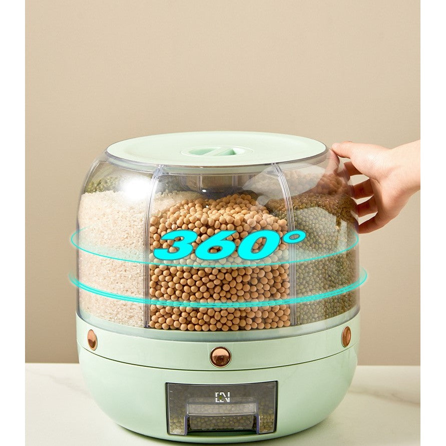 Dozator de cereale Flippy, rotativ 360, 6 compartimente, capacitate 6 L, rezistent la umezeala, inchidere etansa, verde