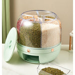 Dozator de cereale Flippy, rotativ 360, 6 compartimente, capacitate 6 L, rezistent la umezeala, inchidere etansa, verde