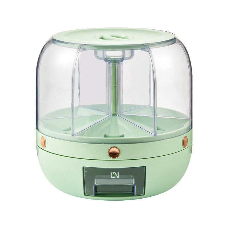 Dozator de cereale Flippy, rotativ 360, 6 compartimente, capacitate 6 L, rezistent la umezeala, inchidere etansa, verde